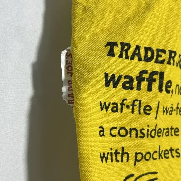 Trader Joe's Breakfast Toast Waffle Yellow Canvas Tote Bag Red Handles Grocery - Picture 5 of 10